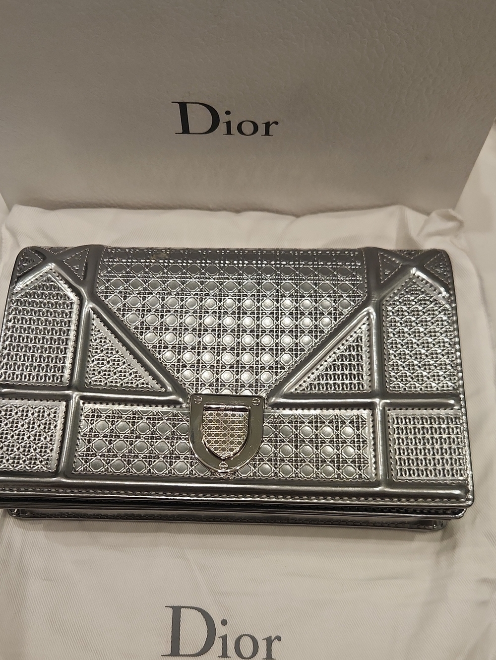 Dior Metallic Silver Embossed Clutch